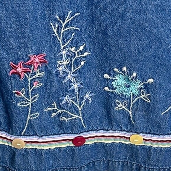 Vanity Fair Vintage Blue Denim Sleeveless Midi Dress Sz 18 Floral Embroidery - Picture 2 of 6